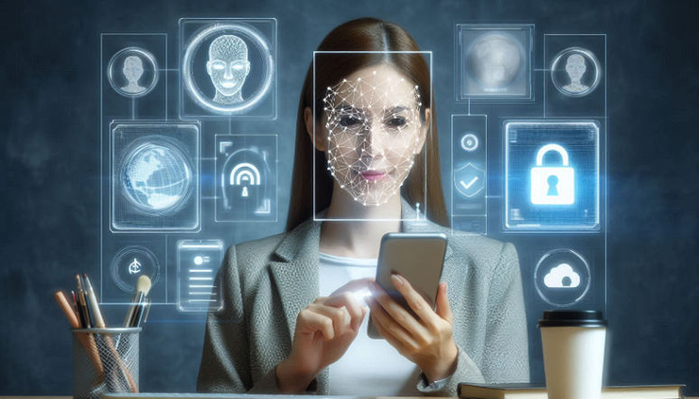 A secure online transaction process, showcasing a person using a smartphone with facial recognition technology for identity verification.