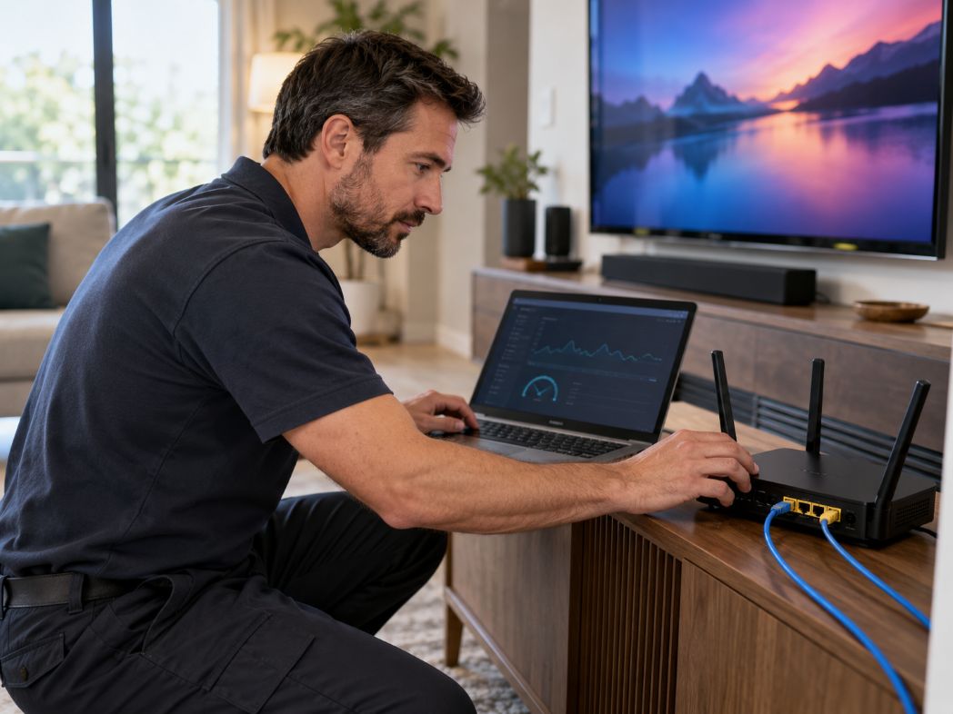  technician examining a home Wi-Fi router